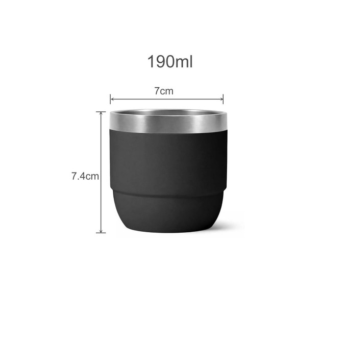 A drink bottle in black with a stainless steel rim, featuring dimensions of 7 cm in diameter and 7.4 cm in height.