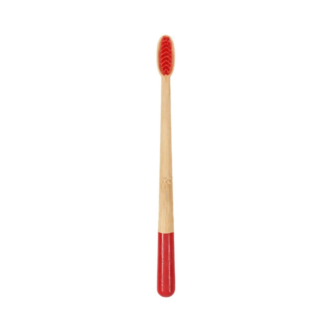A large conical handle toothbrush with a red and natural bamboo design, featuring a colourful bristle head.