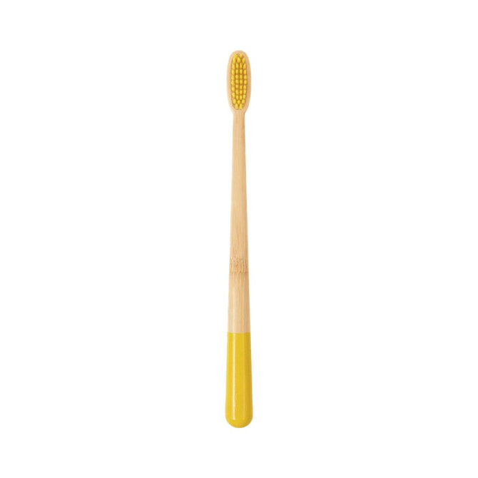 A large toothbrush with a conical handle, featuring a yellow grip and a bamboo body. It has a textured bristle head.