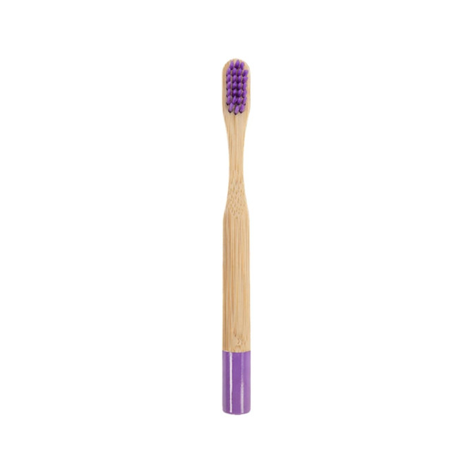A small round handle bamboo toothbrush with a purple bristle head and purple bottom. It features a logo.