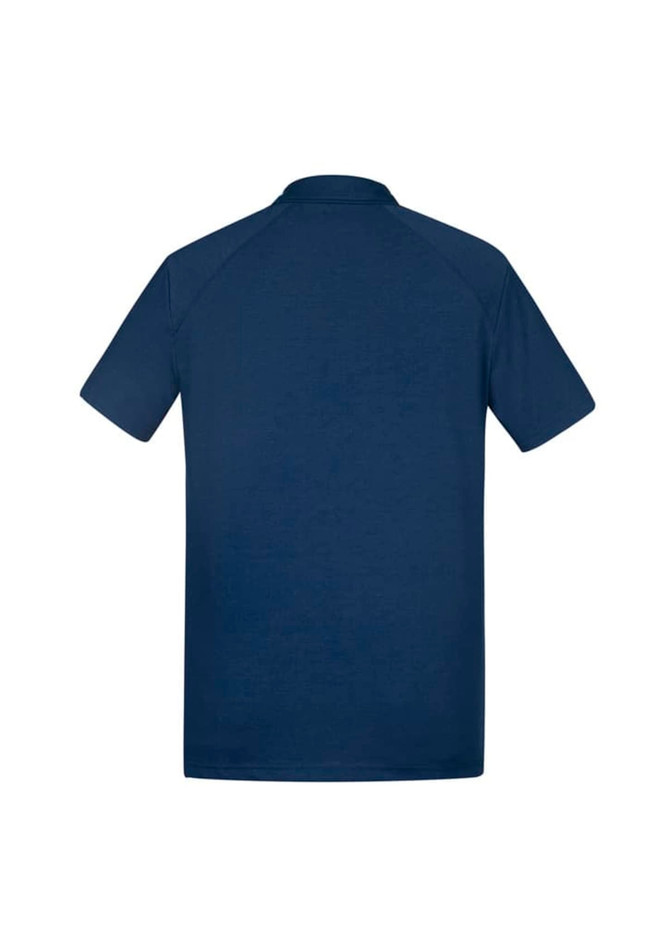 A navy blue men's short sleeve polo shirt with a branded logo on the back.