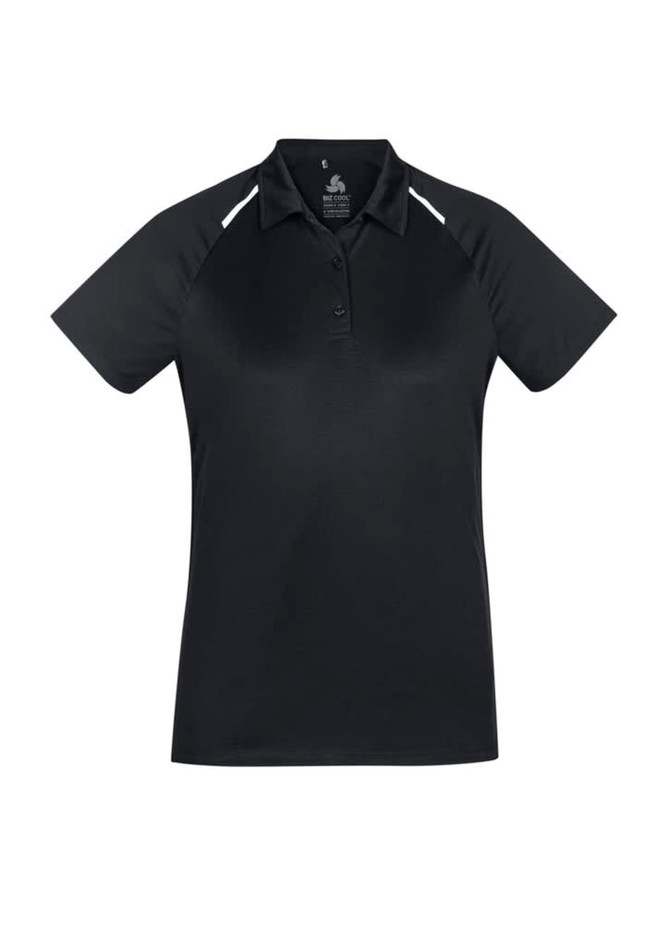A black women's polo shirt with short sleeves and white detailing, featuring a logo on the chest.
