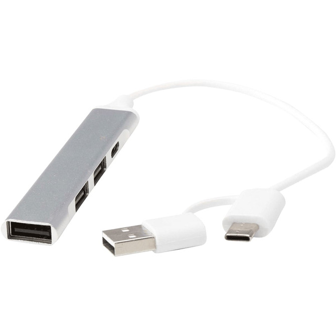 A silver 4-port USB hub with two types of connectors: USB-A and USB-C, accompanied by a white cable.