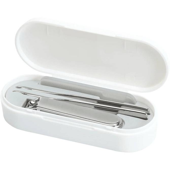 A white manicure set containing stainless steel tools in a sleek, oval case.