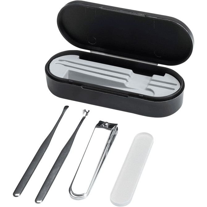 A black manicure set featuring tweezers, a nail clipper, a nail file, and a storage case.