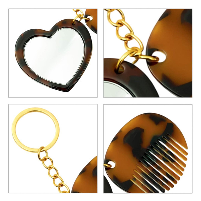 A tortoiseshell heart-shaped mirror and comb keyring with gold accents and a circular keyring attachment.