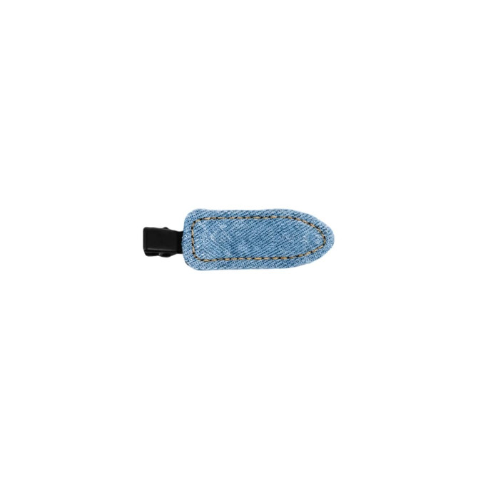 A denim hair clip in light blue with a black clasp, featuring contrasting stitching along the edges.