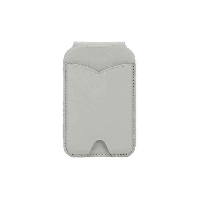 A grey PU magnetic card holder featuring a smooth finish and a slot at the top, with a mirror inside and a logo.