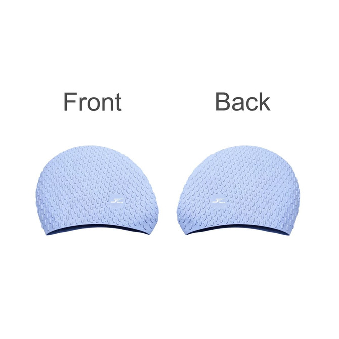 A premium silicone swimming cap in light blue, featuring a textured surface and a logo, displayed from front and back.