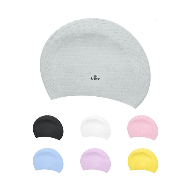 A premium silicone swimming cap in various colours, featuring a textured surface and a logo.