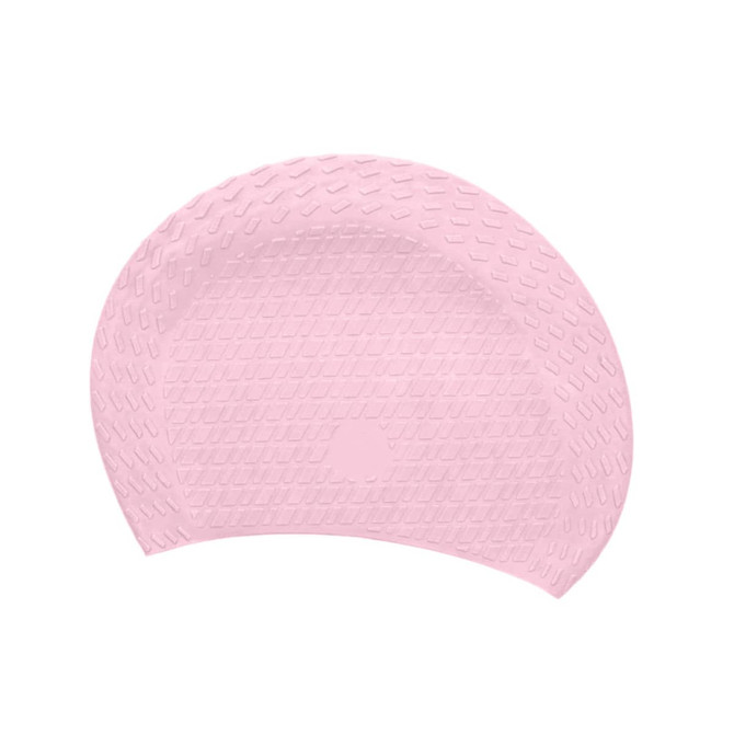 A premium silicone swimming cap in a soft pink shade featuring a textured surface and rounded shape.