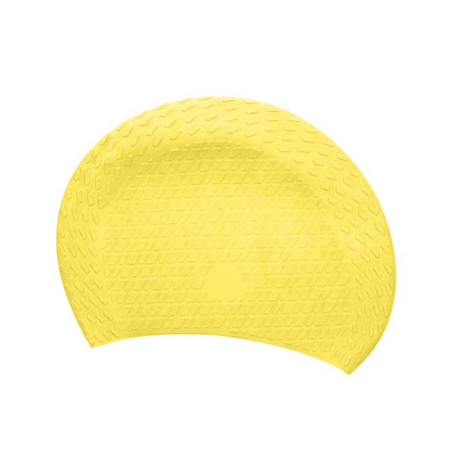 A yellow silicone swimming cap with a textured surface, featuring a logo.