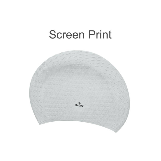 A silicone swimming cap in white with a textured surface and a small logo at the centre.