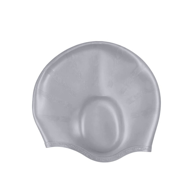 A grey swimming cap with integrated earmuffs, featuring a textured surface and a logo.