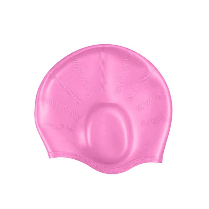 A pink swimming cap with built-in earmuffs, featuring a smooth, streamlined design and logo branding.