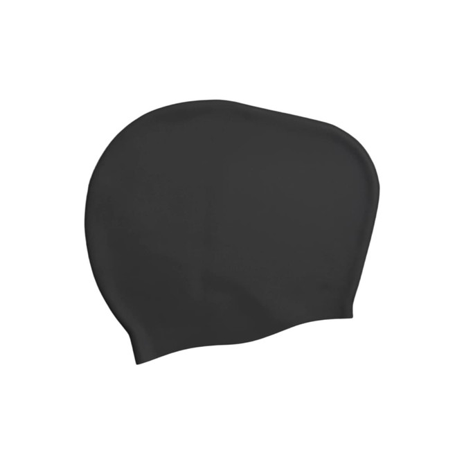 A silicone swim cap for women, designed for long hair, in a solid black colour. It features a logo.