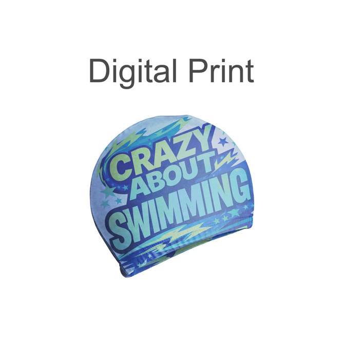 A swimming cap in blue with a vibrant digital print featuring a design related to swimming. It has a logo.