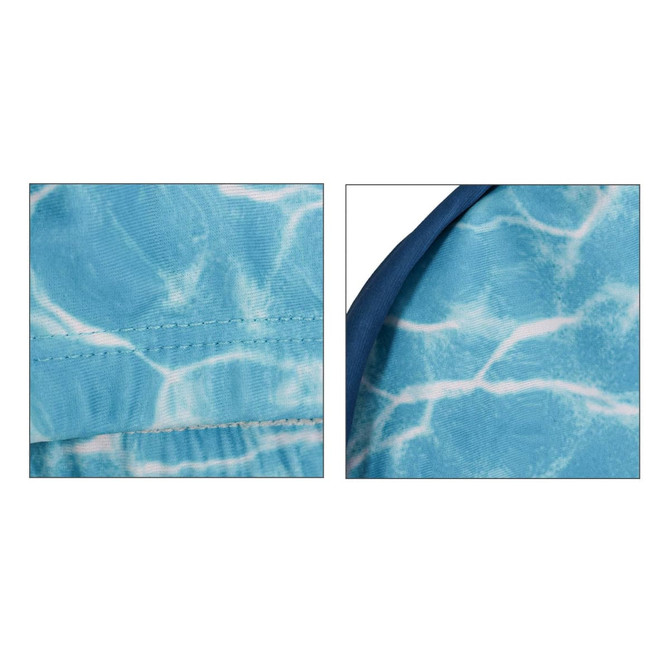 A swimming cap in blue with a water pattern, featuring stitching details and a contrasting edge. It has a logo.