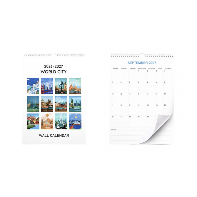 A vertical wall calendar featuring colourful illustrations of world cities and a month-by-month layout for September 2027.