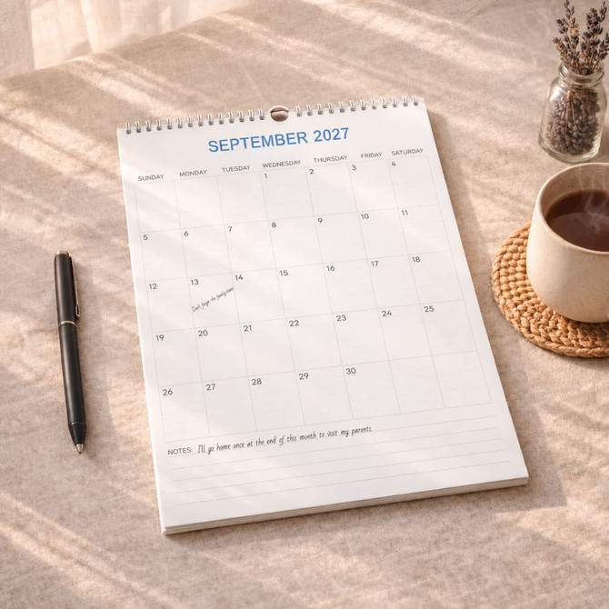 A vertical wall calendar for September 2027, featuring a minimalist design with a spiral binding. Includes a pen and a cup.