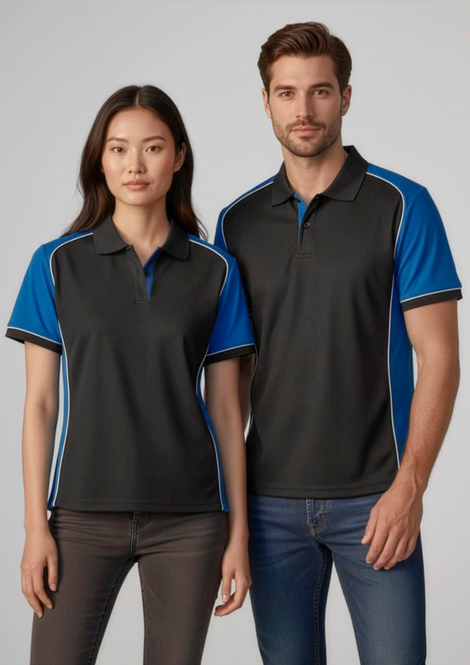 A black and blue women's short sleeve polo shirt with contrasting white accents and a logo.
