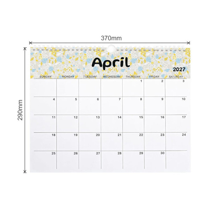 A horizontal wall calendar featuring a floral design at the top in yellow and blue, displaying the month of April 2027.