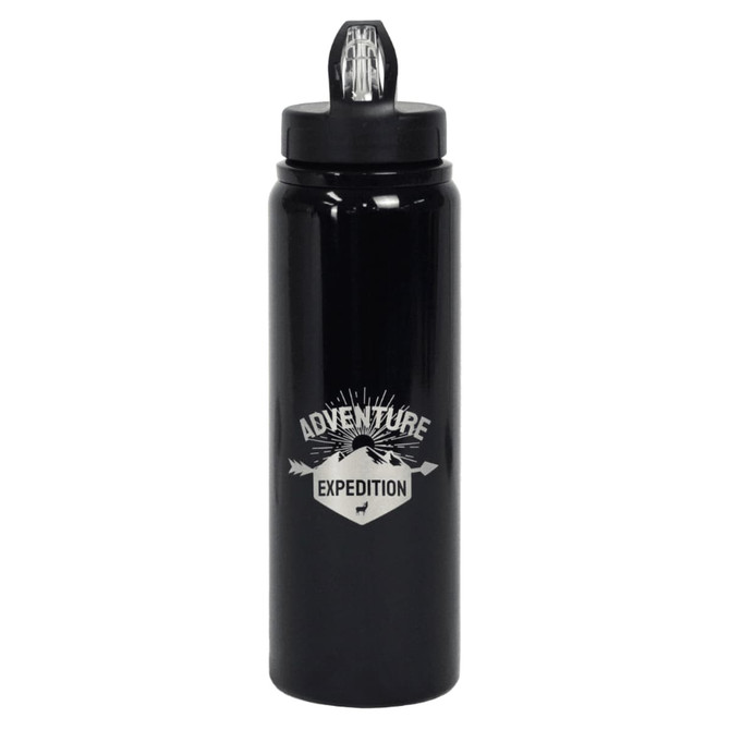 A drink bottle in matte black with a screw-top lid and a logo, featuring a design related to adventure and expeditions.
