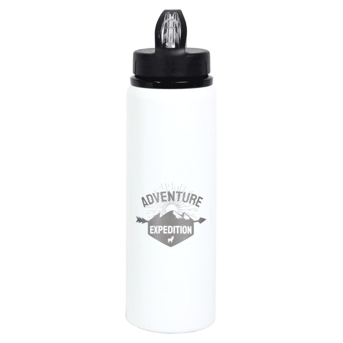 A drink bottle made of recycled stainless steel, features a white body and a black lid with a logo.