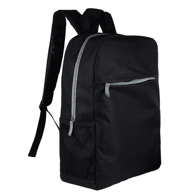 A black urban sports backpack with a front zip pocket and side mesh pocket. It features adjustable straps.
