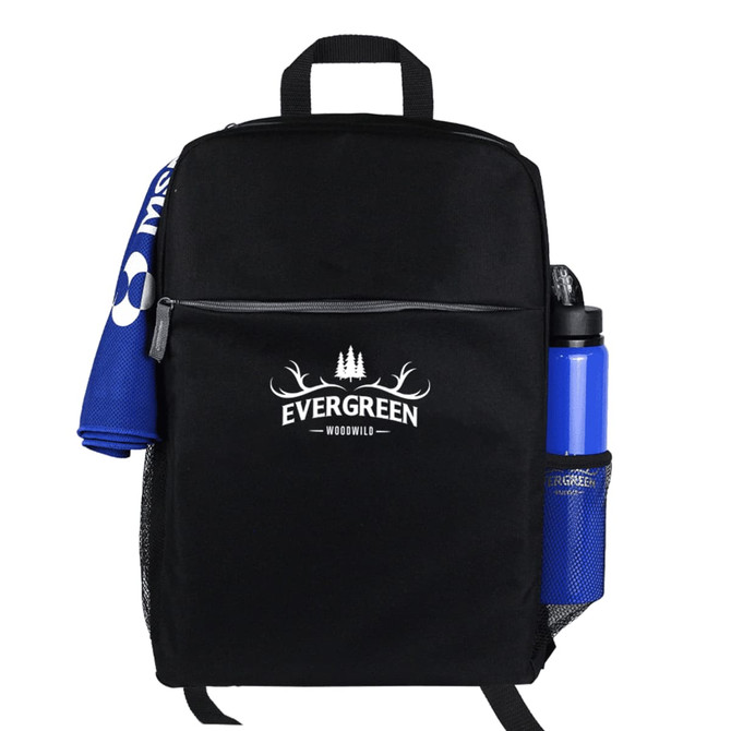 A black backpack with a logo, featuring a drink bottle and a folded blue towel in the side pocket.