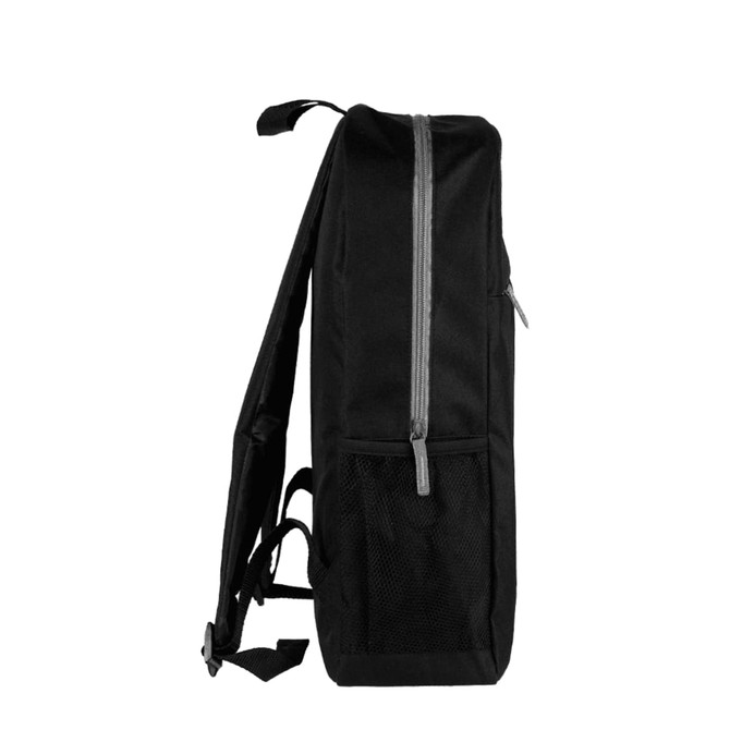 A black urban sports backpack with a zip closure and a side mesh pocket. It has adjustable shoulder straps and a logo.