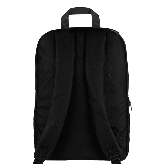 A black urban sports backpack with a simple design and adjustable straps on the back. It has a logo on it.