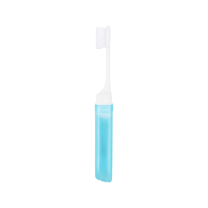 A translucent blue foldable toothbrush with a white bristle head, stored in a matching case.