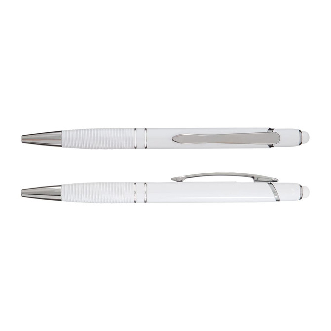 A white aluminium pen with silver accents, featuring a grooved grip and a clip. The pen has a sleek, modern design.
