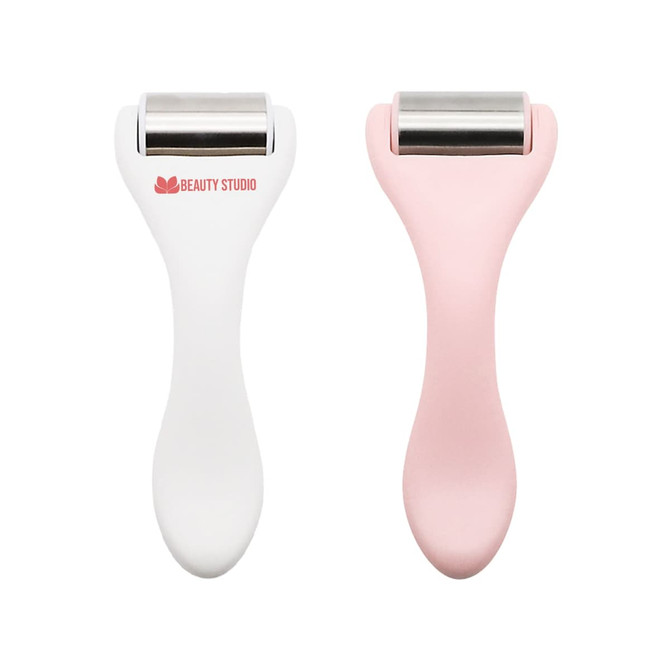 A set of two face ice rollers, one white with a silver roller and one pink with a silver roller. Both have branding.