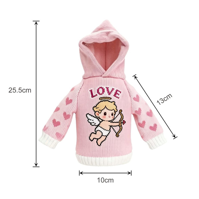 A drink bottle cover in pink with a hood, featuring hearts and an angel design. Includes a logo on the side.
