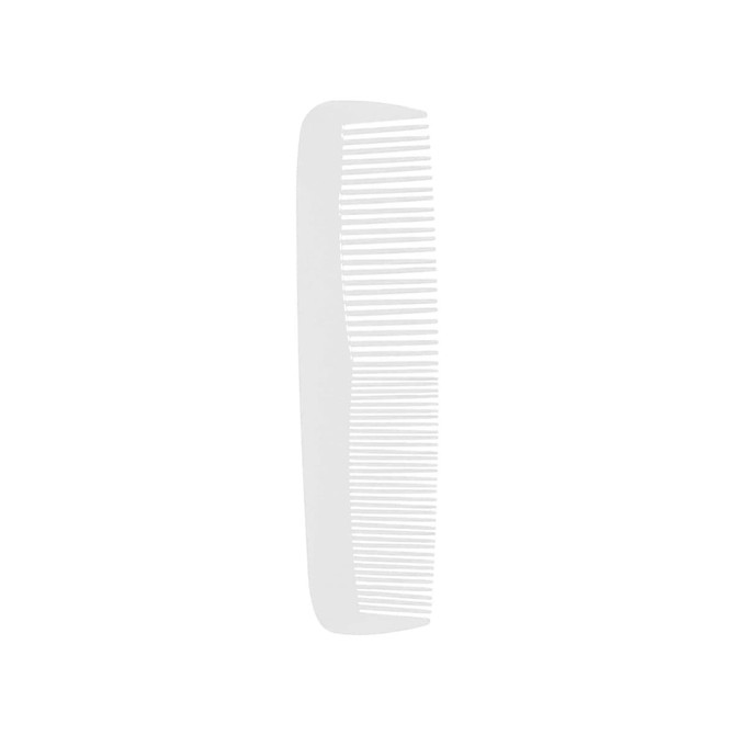 A white, custom blended-tooth comb with fine and wide teeth for versatile grooming. It features a simple design.