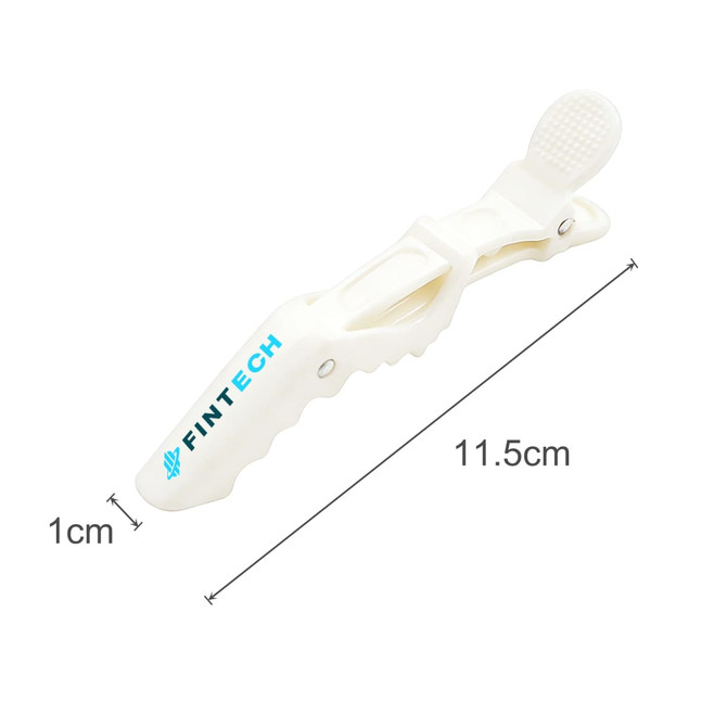 A white anti-slip positioning alligator clip with a textured grip and a logo. Measures 11.5 cm in length.
