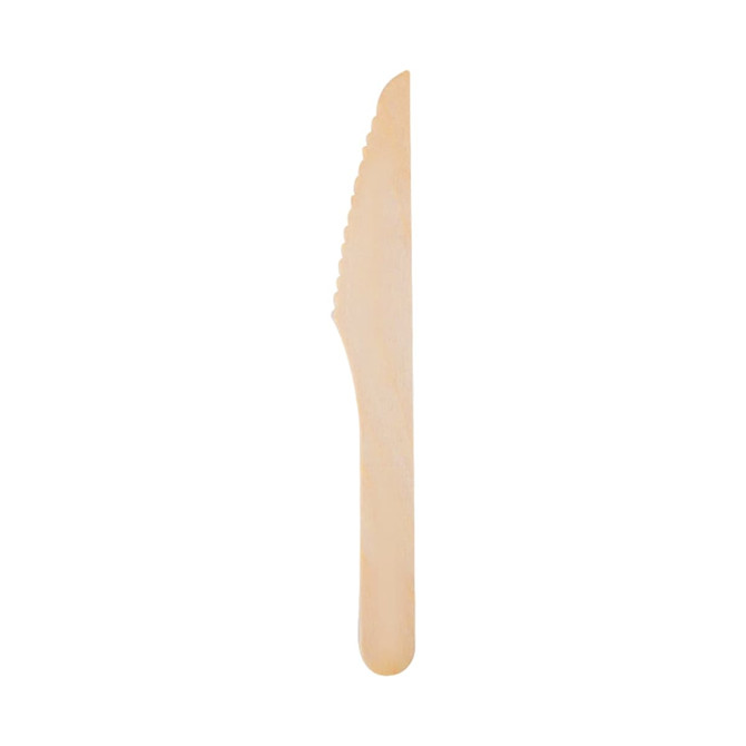 A disposable wooden knife in light brown colour, featuring a serrated edge for cutting.