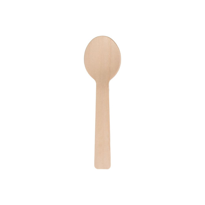 A disposable birch spoon in a light wood colour, featuring a rounded bowl and a straight handle.