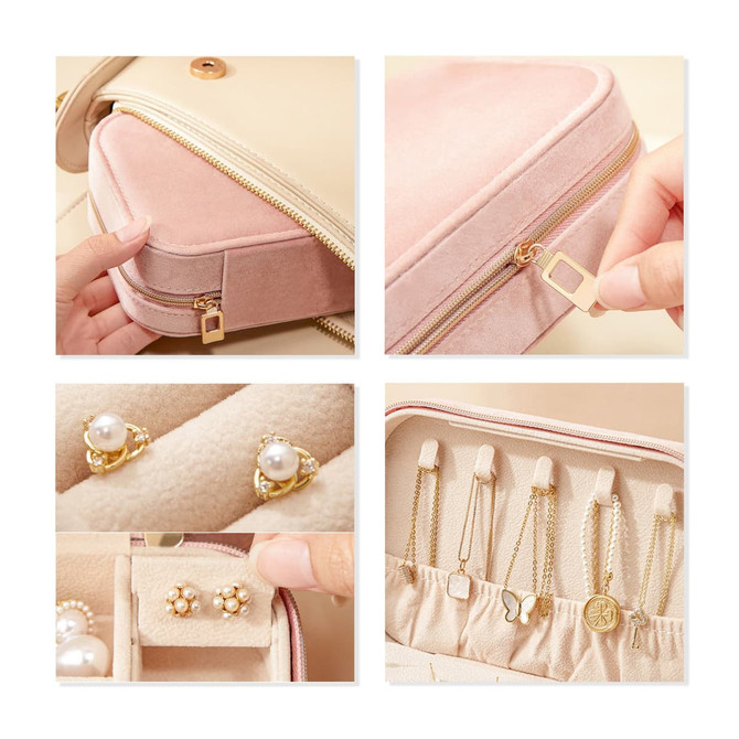 A velvet jewellery box in cream and pink with compartments, showcasing earrings and storage for various accessories.