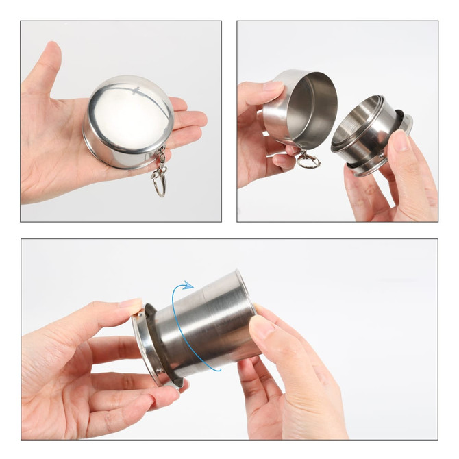 A compact stainless steel folding cup in silver, showcased in various angles, featuring a keychain attachment.