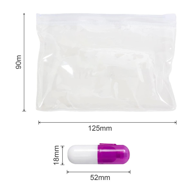 A clear pouch contains a purple and white capsule highlighter. The pouch measures 125mm by 90mm.