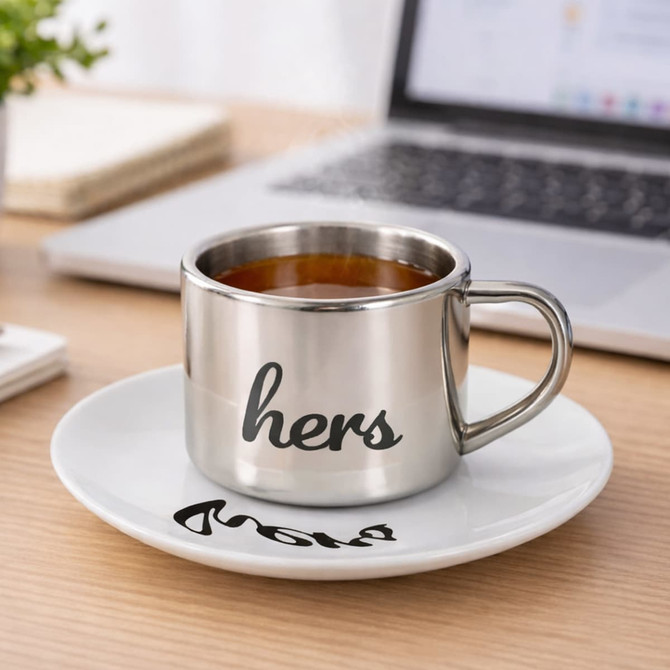 A stainless steel mug with a mirror finish, featuring a black handle and a white saucer beneath it.