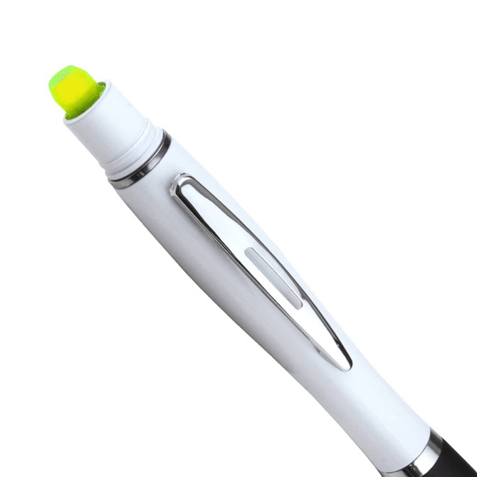 A ballpoint pen and yellow wax highlighter combination with a white body and chrome accents. Features a logo.