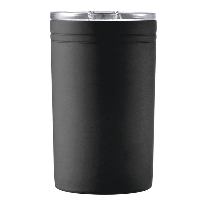 A black insulated drink bottle with a clear lid and a sleek design.
