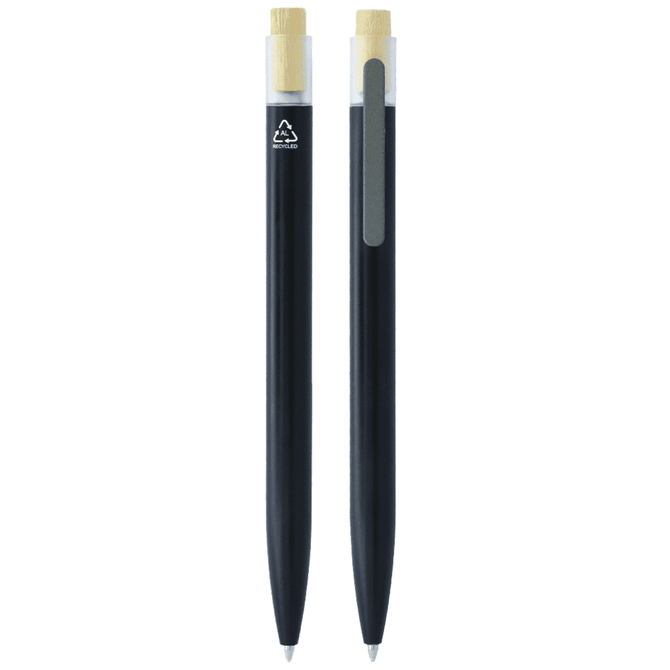 Recycled aluminium pen with bamboo clicker, featuring a sleek black design and a logo on the side.