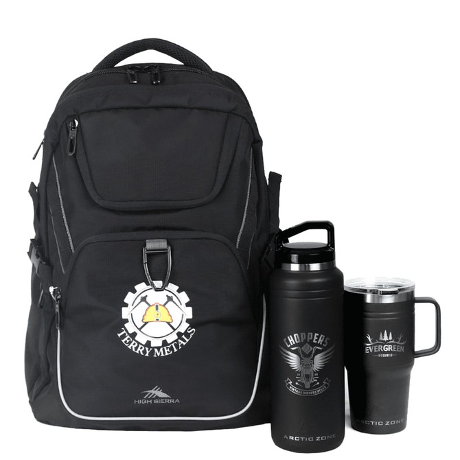 A black travel backpack with a logo, accompanied by a black drink bottle and a stainless steel mug.