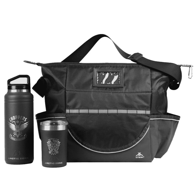A black carry bag with a shoulder strap, a drink bottle, and a cup, all featuring a logo.
