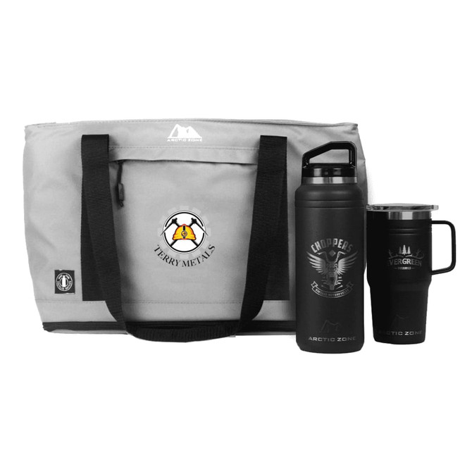 A grey duffle bag with black straps, a black drink bottle, and a black travel mug, featuring logos.